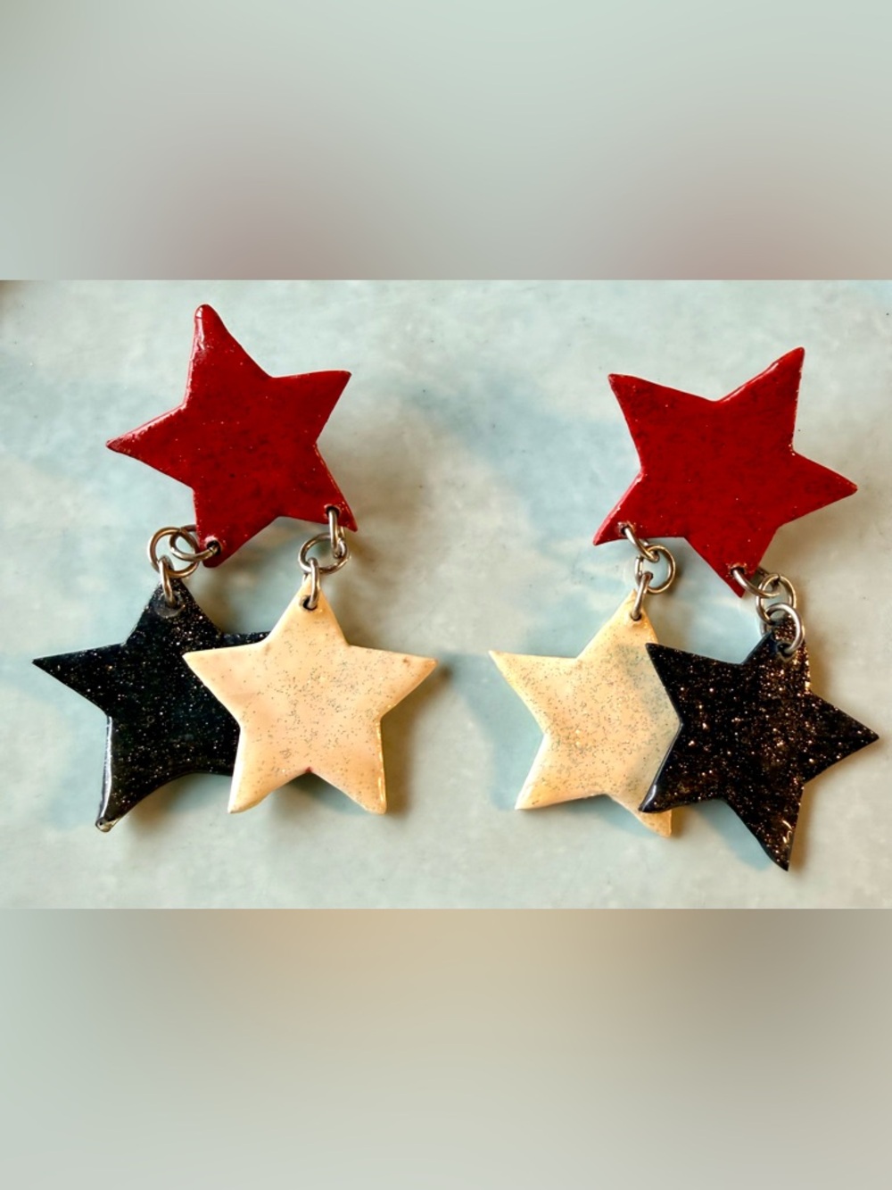 Vintage Red White & Blue Star Spangled Dangle Earrings